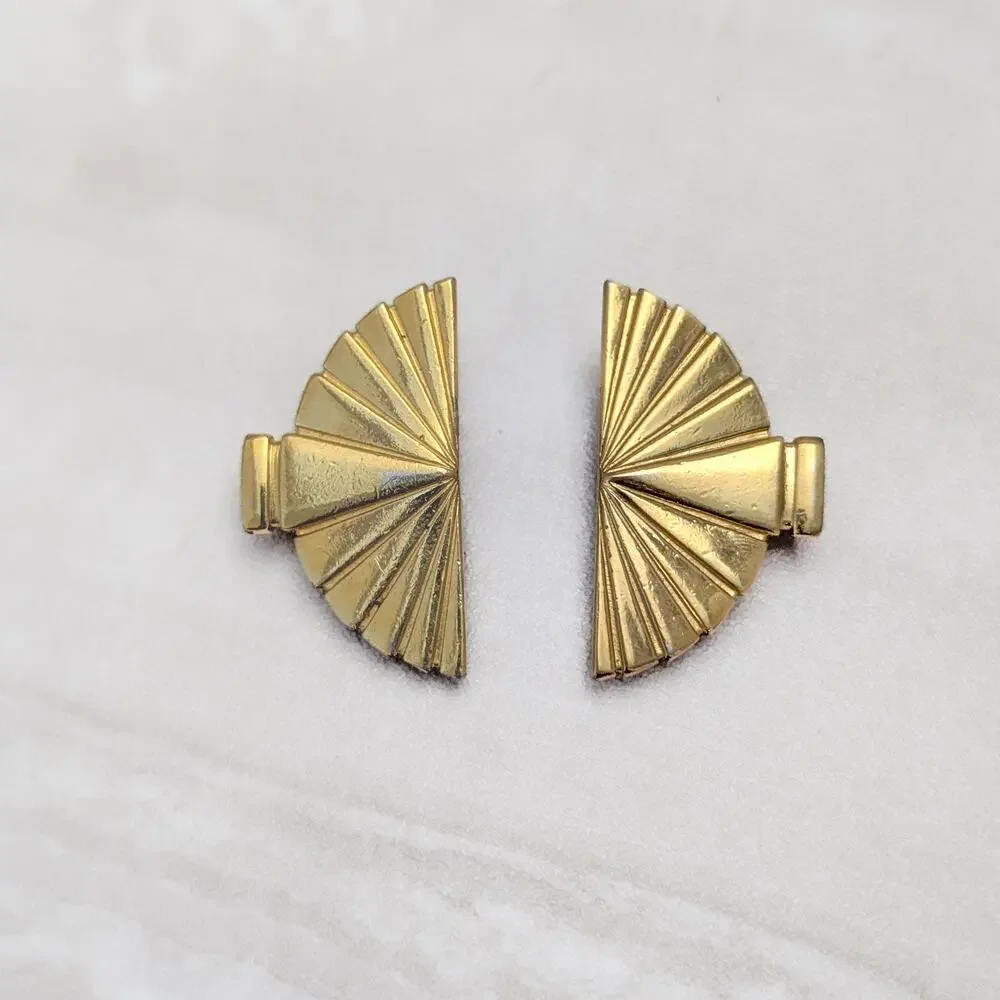 Vintage Clip On Earrings Gold Tone Fan Shape Very Large 1.5